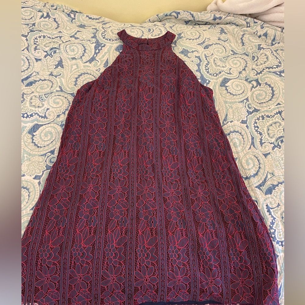 Red and Blue Lace High Neck Dress
